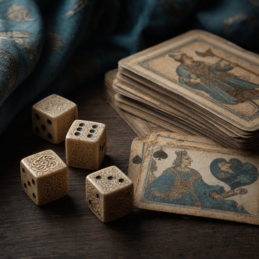 Antike Würfel aus Knochen und historische Spielkarten