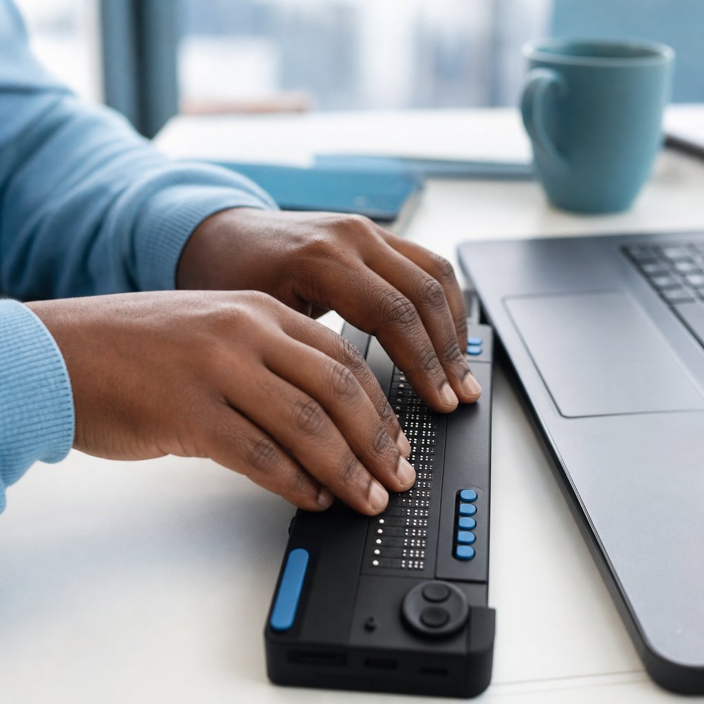 Hände lesen eine Braillezeile neben einem Laptop